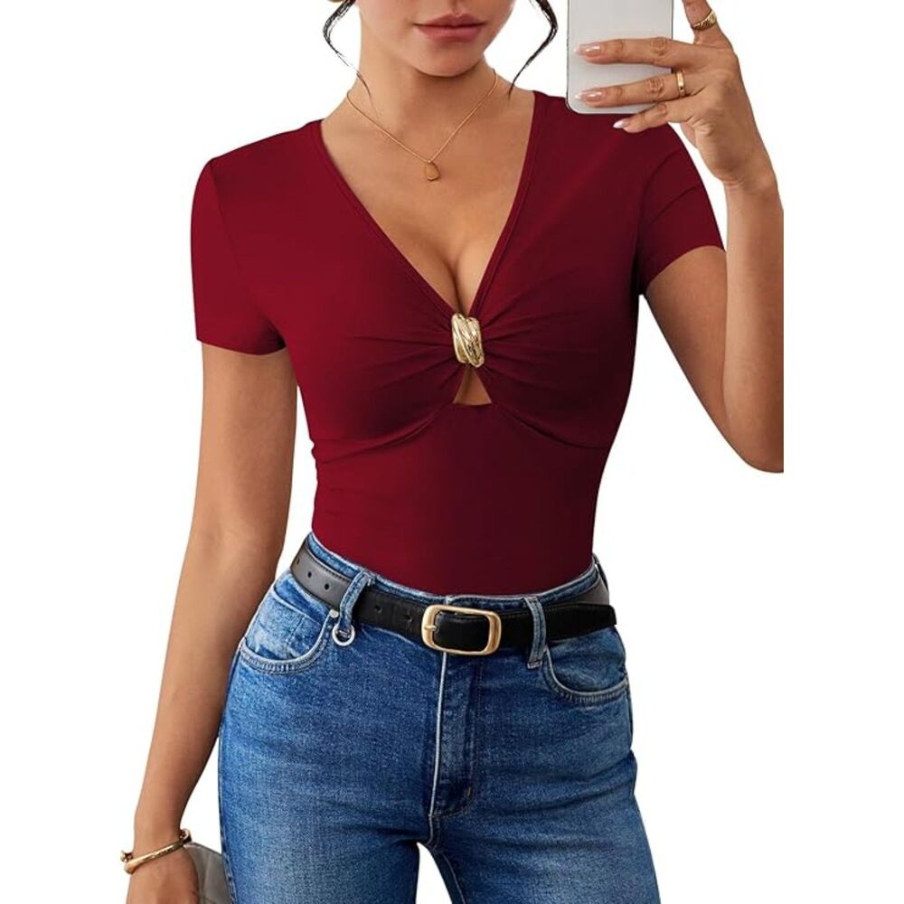 V-Neck Short Sleeve Shirts Metal Ring Decor Fitted Blouse, Small, 8E-185T003